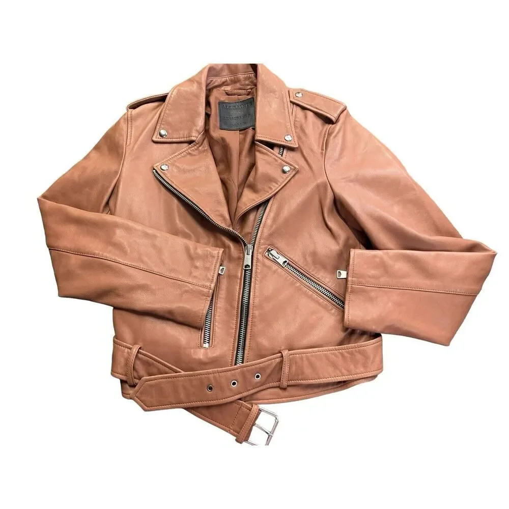 All Saints Balfern Belted Hem Leather Biker Jacket in Rosewood, in size 4 US